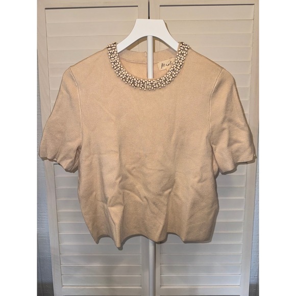 Marled Tops - Marled Knit Top Women Beige Beaded Neckline Short Sleeve Keyhole Back Size M